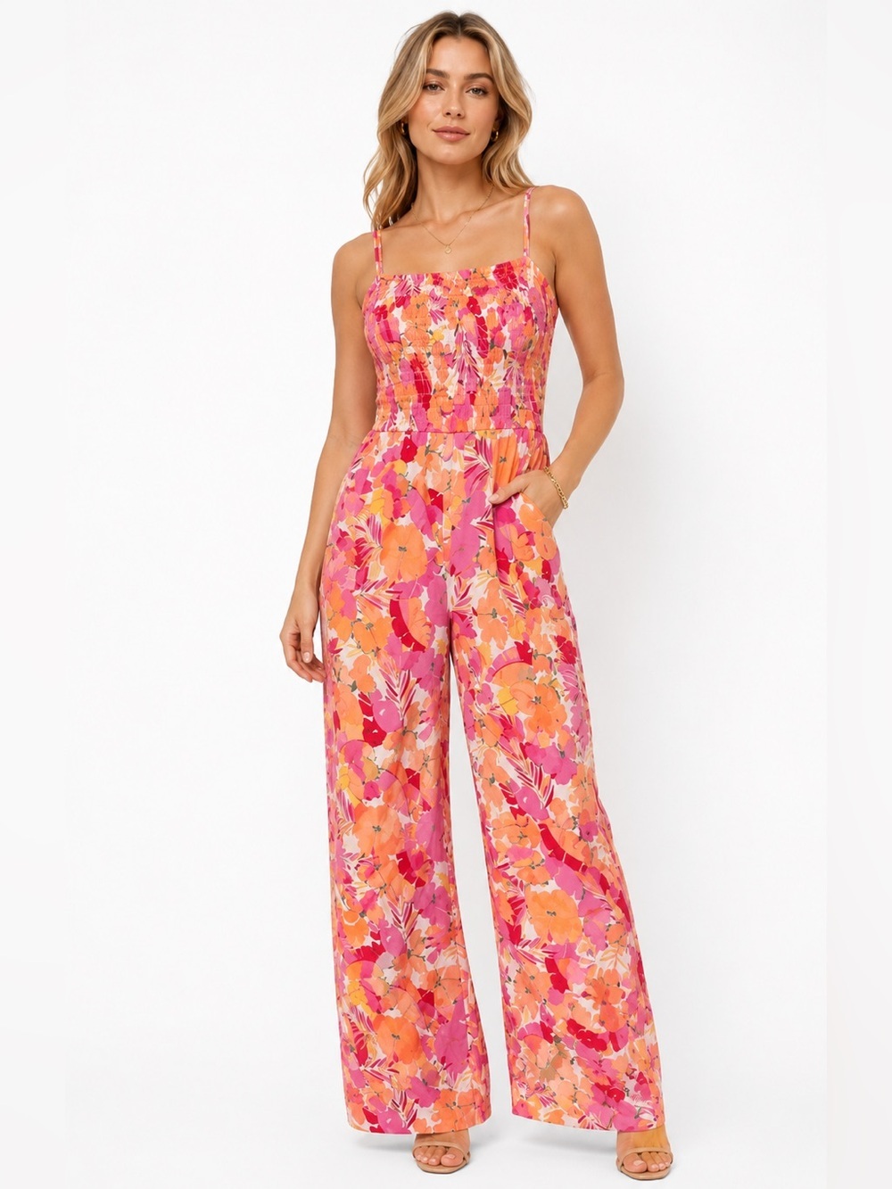 Copper Key Floral Smocked Wide-Leg Jumpsuit – NWT – Size Small